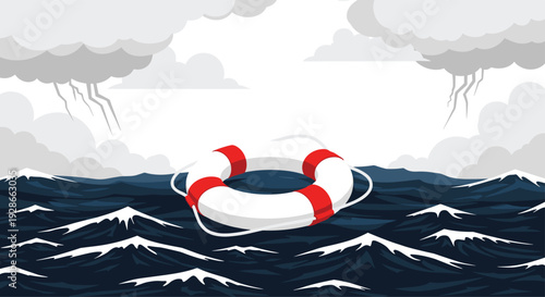 A white and red lifebuoy floats on dark blue choppy ocean waves under a stormy grey sky featuring lightning bolts and heavy layered clouds.
