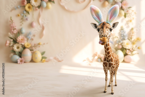 Funny baby giraffe wearing rainbow bunny ears sticking tongue out. Cute Easter animal portrait with copy space.