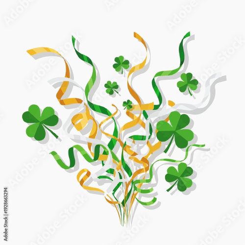 Festive explosion of green and gold streamers and shamrocks, celebration.