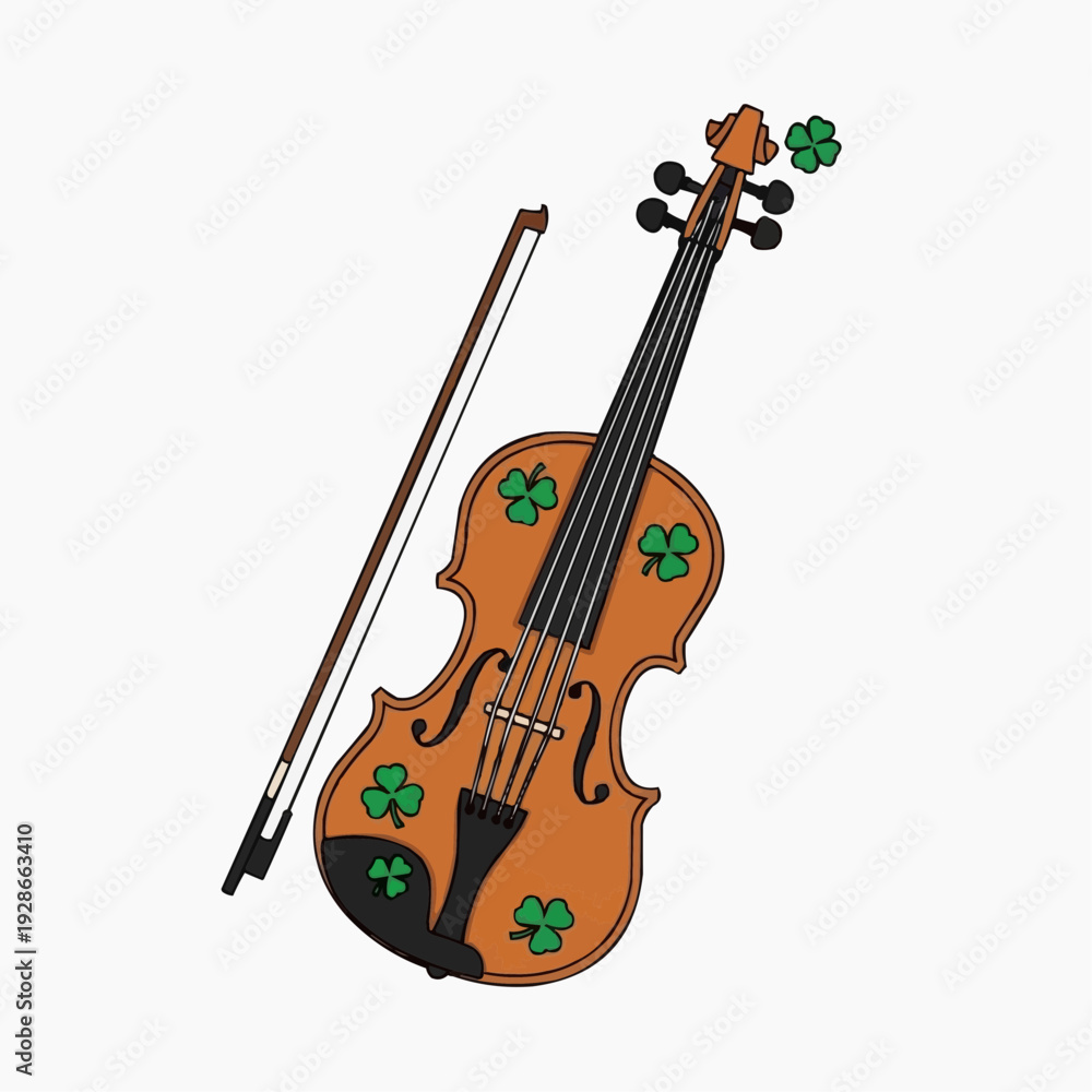 Fototapeta premium St. Patrick's Day Brown Violin with Green Shamrock Decorations and Bow Illustration