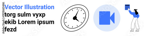 Productivity, remote work, time tracking, virtual meetings, organization, digital tools. Clock, video icon person holding a book. Time tracking and remote work