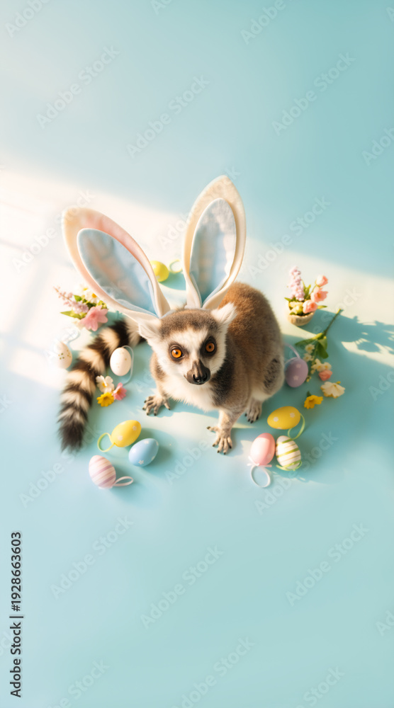 Fototapeta premium Vertical high angle shot of a ring-tailed lemur wearing bunny ears. Exotic animal with Easter eggs and spring flowers