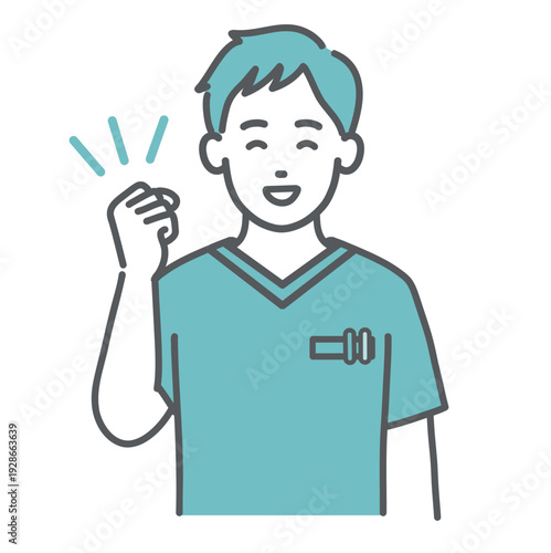 ガッツポーズで応援するスクラブ姿の男性医療従事者のイラスト（上半身）