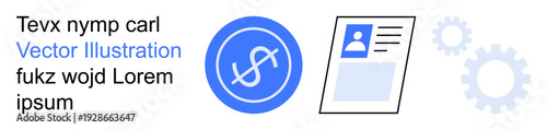 Financial management, identity verification, technical processes, digital solutions, business automation, record keeping. A dollar symbol, an ID card and gear icons. Financial management