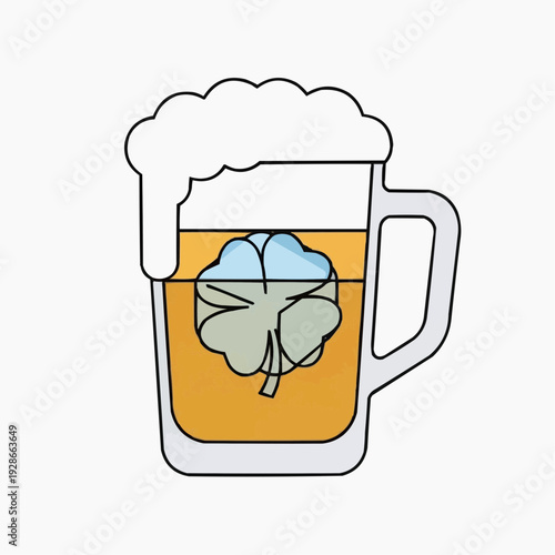 Mug of beer with a shamrock ice cube, celebrating St. Patrick's Day.