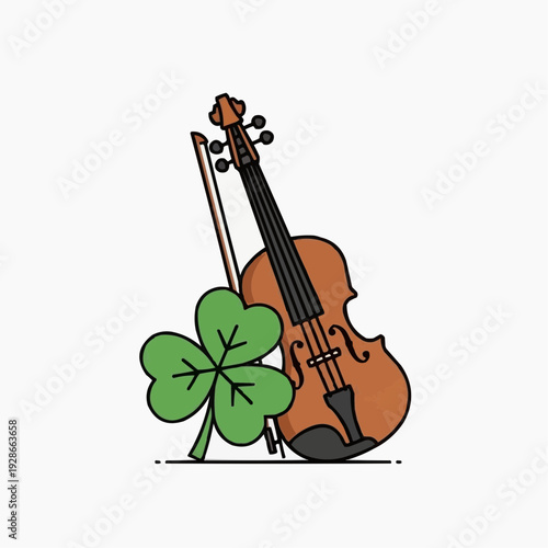 Violin and bow with a shamrock, representing Irish music and culture.