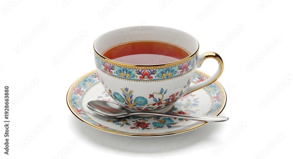 Fototapeta premium Elegant Floral Tea Cup with Saucer on White Background