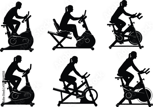 Black Silhouette Set of People Training on Stationary Exercise Bikes and Recumbent Cycles for Fitness Gym Workout and Healthy Lifestyle Vector Illustration
