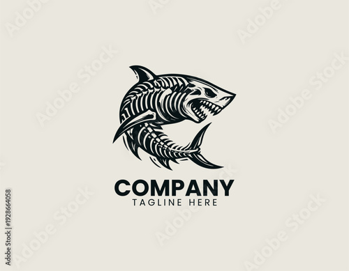 A stylized skeletal shark with exposed ribs and sharp teeth is presented in a bold detailed vector illustration style on a clean white background