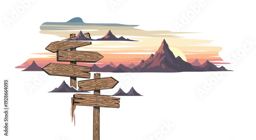 Weathered wooden signposts with multiple arrows pointing in various directions are set against a scenic mountain sunset with a large sun.