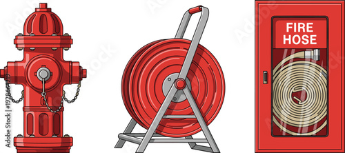 Red Fire Safety Equipment Set Featuring Outdoor Hydrant Portable Hose Reel and Indoor Cabinet for Emergency Prevention and Professional Firefighting Vector Graphics