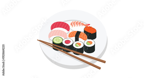 A variety of fresh sushi pieces including nigiri and maki rolls are arranged on a white plate with wooden chopsticks.