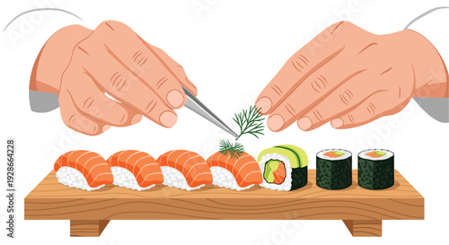 Human hands use metal tweezers to garnish a row of salmon nigiri and maki rolls sitting on a wooden serving board.