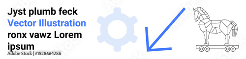Cybersecurity, digital threats, data protection, online safety, strategy, deception. Simplified gear, arrow and Trojan horse outline convey cyber threats and protective strategies. Cybersecurity