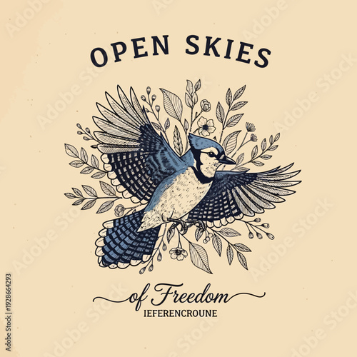 Blue Jay in Flight with Botanical Elements.