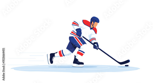 A hockey player wearing a white jersey and blue helmet skates across the ice while controlling a black puck with a stick.