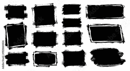 Sammlung von handgezeichneten schwarzen Grunge-Rahmen und Pinselstrich-Textfeldern für kreatives Design und moderne Layouts.
