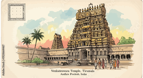 Künstlerische Illustration des Venkateswara-Tempels in Tirumala, Indien, mit seiner beeindruckenden traditionellen Architektur und kulturellen Bedeutung.
