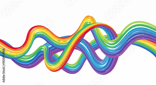 Abstrakte, bunte Wellenlinien in Regenbogenfarben fließen dynamisch über einen weißen Hintergrund und symbolisieren Kreativität und Vielfalt.