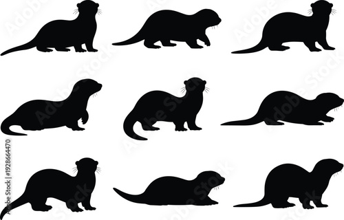 Otter silhouette collection, wildlife animal illustration, aquatic mammal poses, otter sitting standing lying, nature behavior vector art, black shapes grid