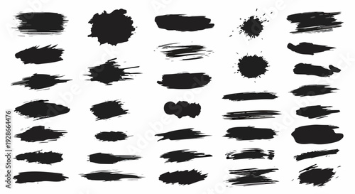 Umfassende Sammlung schwarzer Pinselstriche, Farbspritzer und Tintenflecken für kreative Grunge-Design-Projekte, ideal als abstrakte grafische Elemente.