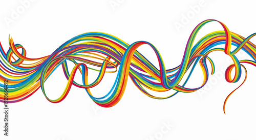 Abstraktes Muster aus dynamischen, wellenförmigen Linien in leuchtenden Regenbogenfarben auf weißem Hintergrund.