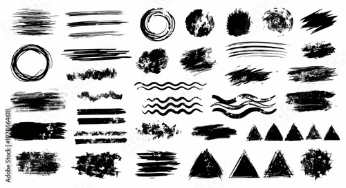 Große Sammlung handgezeichneter schwarzer Pinselstriche, Grunge-Texturen, Kreise, Linien, Wellen und Dreiecke für kreatives Grafikdesign und künstlerische Projekte.