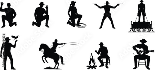 Cowboy silhouette illustration, western icons, lasso rider vector, guitar cowboy art, campfire scene design, wild west clipart, cowboy culture graphic