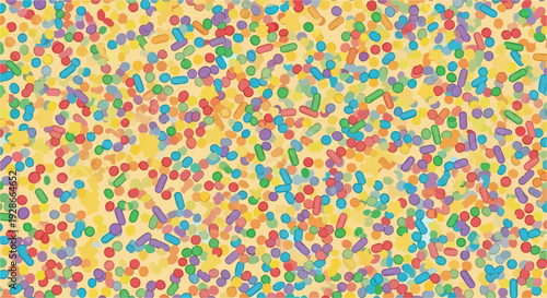 Bunte Zuckerstreusel auf gelbem Hintergrund bilden eine lebhafte Textur, die Freude und festliche Stimmung für Geburtstagsfeiern und Süßwaren-Designs vermittelt.