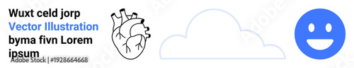Health, emotion, atmosphere, education, communication, design. Simplistic vector drawings of a human heart, cloud and happy face. Health and emotion visual