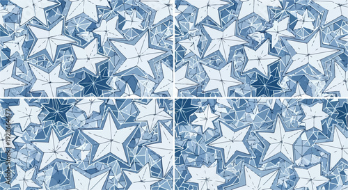 Ein nahtloses Muster aus glitzernden blauen und weißen Sternen mit geometrischen Facetten, perfekt für festliche Winterhintergründe und digitale Designs.
