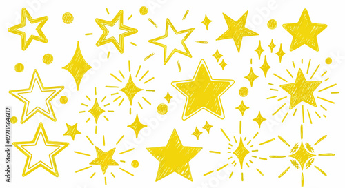 Eine Sammlung handgezeichneter gelber Sterne und funkelnder Elemente auf weißem Hintergrund, perfekt für festliche Designs und Dekorationen.