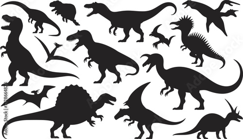 Dinosaur silhouettes scattered pattern, prehistoric animals illustration, diverse species poses, educational paleontology art, ancient wildlife comparison, fossil era design, reptile evolution