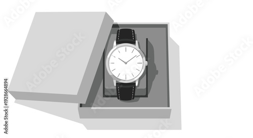 A silver wristwatch with a black leather strap sits inside an open grey square gift box on a white background.