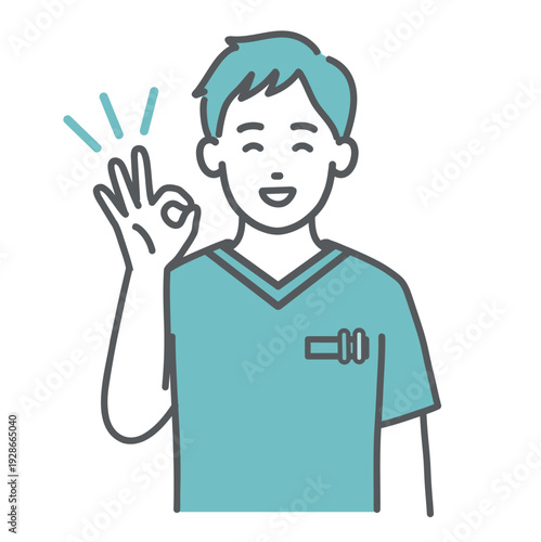 OKサインを出すスクラブ姿の男性医療従事者のイラスト（上半身）