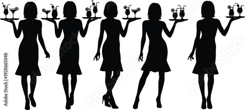 Silhouette of elegant waitresses carrying cocktail trays, stylish hospitality service concept, black vector illustration isolated on white background
