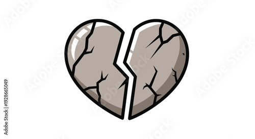 A grey stone heart is cracked and split into two separate pieces against a plain white background.