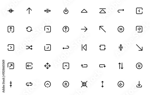 Arrows icon set. Minimal vector arrows collection. Includes symbols for minimize, resize, rotate, shuffle, move, sort, return and directional arrows. Editable stroke.