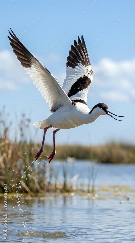 Obraz premium Pied avocet bird taking flight from wetland water with wings spread wide against blue sky and clouds in natural habitat for wildlife photography.
