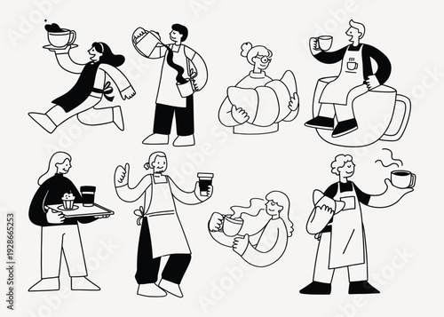 Doodle Line Cheerful Coffee Shop Characters Featuring Barista And Cafe Staff Serving Coffee And Pastry For Branding And Menu Design