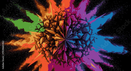 Vibrant multicolored explosion of orange purple blue and green hues on black background with dynamic abstract pattern