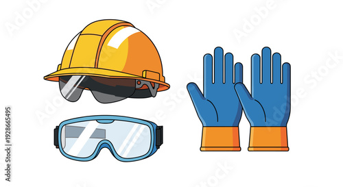 A yellow construction hard hat with a visor is placed next to blue work gloves and blue safety goggles on a plain white background.
