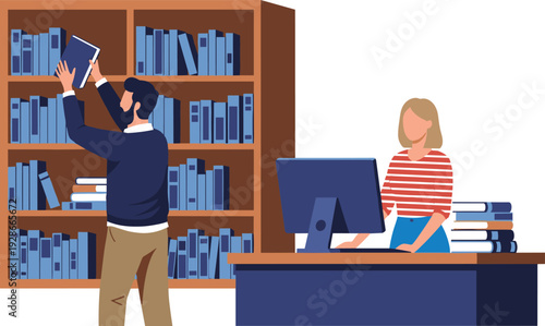 Library interior illustration with librarian and reader choosing books, education and knowledge concept vector scene isolated on white background
