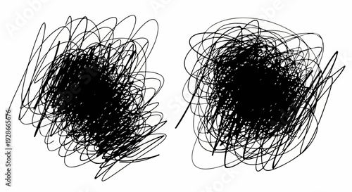 Dos garabatos negros caóticos dibujados a mano sobre un fondo blanco puro, ideal para conceptos de estrés o creatividad.