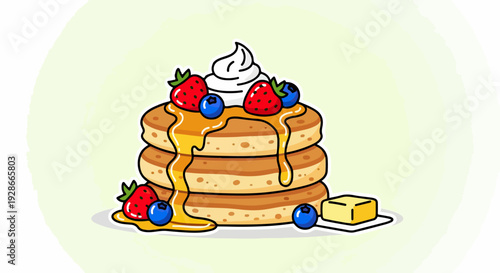 Ilustración de deliciosos panqueques apilados con sirope dorado, crema batida, fresas, arándanos y mantequilla, ideal para desayunos dulces.