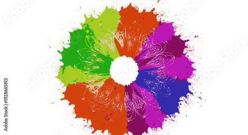 Vibrant multicolor paint splatter design with white background and dynamic colorful splotches
