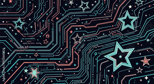 Fondo abstracto de circuito digital con estrellas brillantes, representando tecnología, espacio y conectividad en un diseño futurista.
