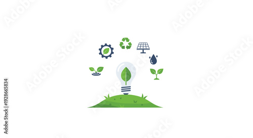 A lightbulb with a green leaf inside rests on a grassy hill surrounded by icons for solar energy, recycling, and water conservation.