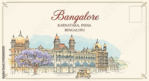 Ilustración estilo postal vintage de Bangalore, India, destacando su arquitectura histórica y un vibrante árbol de jacarandá.