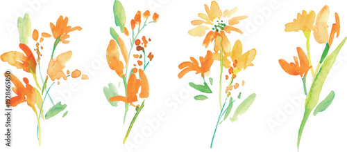 水彩画。水彩タッチの黄色い花イラストセット。黄色いチューリップのベクター植物背景。